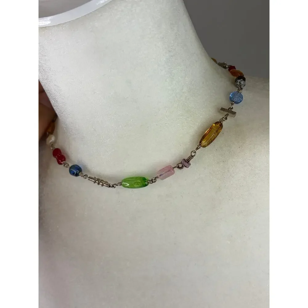 Art Glass Artisan Made Beaded Necklace on 925 Sterling 16in Colorful Whimsical